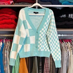 Witty Fox blue/white checkered long sleeve v neck cardigan size S